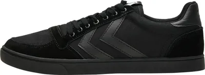 A side profile of a black sneaker.