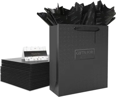Produktbild von JiaWei Luxus Geschenktüte 6er set Papiertüte mit Henkel UV Kraftpapier Wasserfest Laminiert mit Seidenpapier Grußkarten und Geschenkanhänger Schwarz S