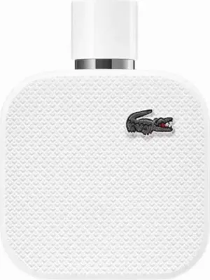 A white bottle of Lacoste L.12.12 Blanc Men Eau De Parfum Spray.