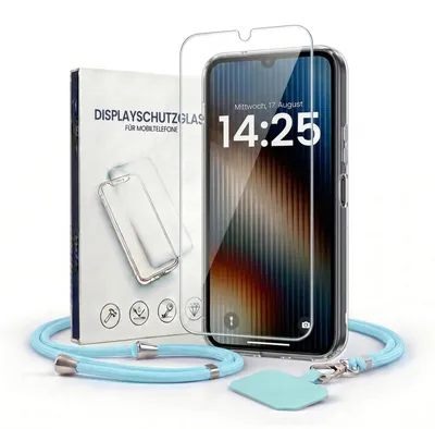 Produktbild von Handyhülle für Samsung Galaxy A13 mit Handykette und 9H Displayglas Displayschutz Band in Hellblau Kordel Hülle Case Schutzhülle Transparent