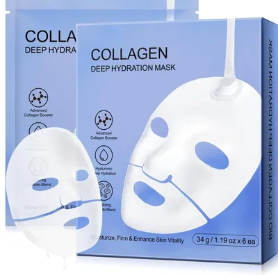 Obrázek produktu pro Pleťová maska s kolagenem – kolagen s nízkou molekulovou hmotností – zmenšuje póry – zlepšuje elasticitu – 34 g x 12 kusů – hloubková absorpce – pleťová maska