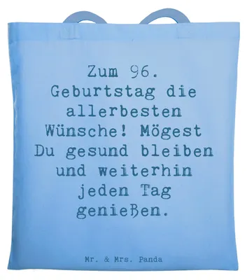 Produktbild von Mr. & Mrs. Panda Jutebeutel Spruch 96. Geburtstag - Sky Blue - Geschenk, Laptoptasche, Geburtstagsgeschenk, Uni Tasche, Jubiläum feiern, Tote Bag, Schultasche, Leben