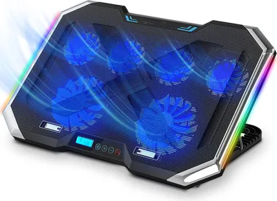Produktbild von Laptop-Kühlpad mit 6 leisen Lüftern, Laptop-Kühler mit einstellbarer Höhe verhindert Überhitzung, mit RGB-Lichtern, zwei USB-Anschlüssen, Metallplatte, passend für alle Gaming-Laptops bis zu 17,3 Zoll, Schwarz
