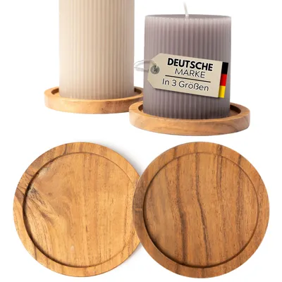 Produktbild von Kerzenteller - 2er Set Akazie Untersetzer für Kerzen bis 8 cm Durchmesser/Kerzenuntersetzer Holz Rund für Stumpenkerzen Taufkerzen Unterteller Kerzen