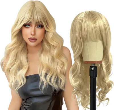 Obrázok produktu pre Dlhá vlnitá blond paruka s ofinou 68 cm, odolná voči teplu, kučeravé vlasy, na cosplay