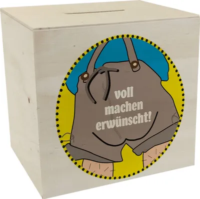 Produktbild von Volle Lederhose Spardose aus Holz mit Spruch - Voll machen erwünscht