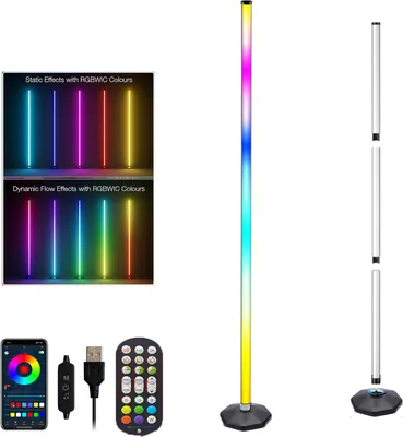 Image de Lampe sur pied LED RGB d'angle, synchronisation musicale, barre lumineuse de 125 cm, hauteur réglable, avec application et télécommande, 16 millions de couleurs et plus de 213 modes d'ambiance
