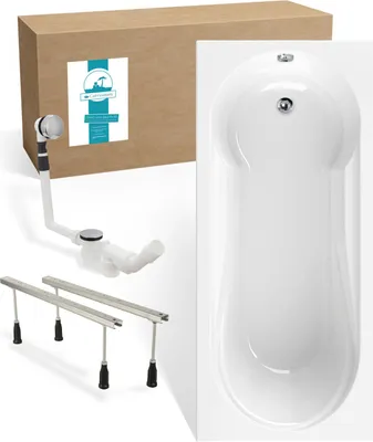 Produktbild von Calmwaters® Rechteck Badewannen-Set 180x80 cm mit Wannenfüßen & Ablaufgarnitur, Acrylwanne Modern Small 2 mit integriertem Duschbereich, Set Badewanne komplett, 180 x 80 cm, Weiß, 99000290