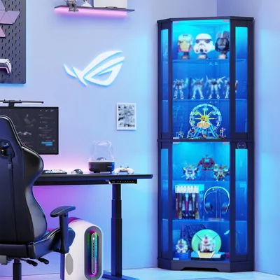 Produktbild von BROTTAR LED-Eckvitrine mit 6 Ebenen & Bewegungssensor – 3 Lichtfarben, dimmbar, grifflose Glastüren, perfekt für Wohnzimmer & Büro,Schwarz