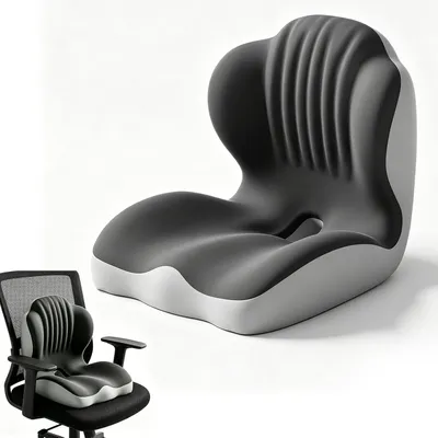 Image de Coussin de siège et dossier en forme de L, 44x77 cm, en mousse à mémoire de forme, de couleur gris foncé, pour fauteuil de bureau
