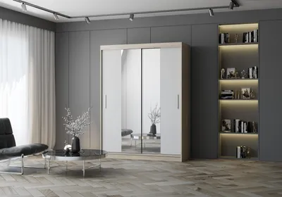 Produktbild von FurMeb24 2-türiger Schiebetürenschrank VISTA 01 150 x 200 cm Kleiderschrank mit Spiegel – moderner Schrank mit Schiebetüren (Eiche / Weiß)