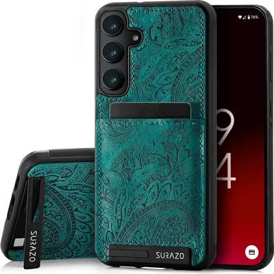 A phone case with a paisley pattern and a card slot, shown with a phone inside.