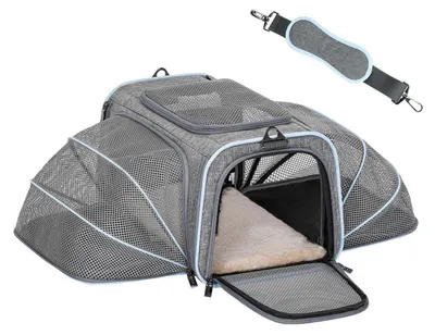 Obrázek produktu pro Skládací přepravka pro kočky a psy, rozšiřitelná, šedá, oboustranná, rozměry 41x26x23 cm