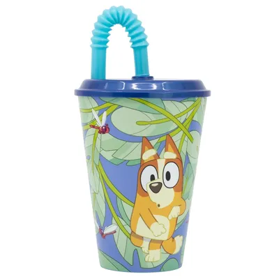 Produktbild von Niedlicher Wasserbecher für Kinder 430 ml - Wasserbecher Blau mit Strohhalm