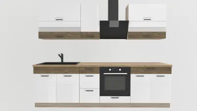Produktbild von Küchenzeile 270 cm - FAVORIT A - Weiß Hochglanz und Sonoma Eiche - Arbeitsplatte Lancelot Eiche - Einbauküche mit Metallbox Schubladen - Singleküche