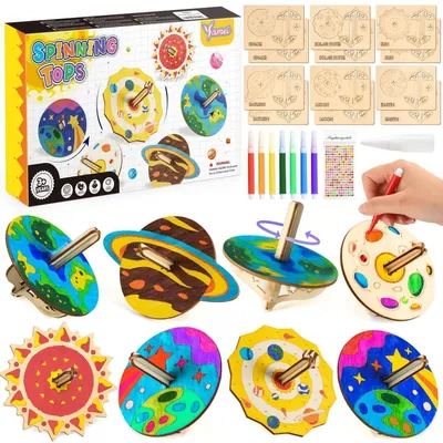 Produktbild von Holzkreisel Bausatz 12 Stück Holz Bastelset zum Bemalen mit Aquarellstiften und Kleber