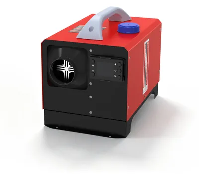 Productafbeelding van NAIZY 12V dieselverwarming, 8kW, mobiele verwarming voor horizontale installatie, met zwart LCD-paneel, rood-zwarte behuizing, afstandsbediening, geschikt voor gebruik in een werkplaats