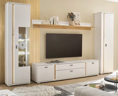 Produktbild von Wohnwand "Bellport" weiß und Eiche, Wohnkombination 330 cm inkl. LED und Soft-Close