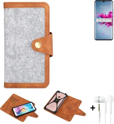 Produktbild von K-S-Trade Handyhülle + Kopfhörer kompatibel mit ZTE Axon 11 5G Schutzhülle Filz Hülle Kunstleder hellgrau braun (1x)