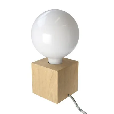 Image de Posaluce Cubetto, lampe de table en bois naturel avec câble textile, interrupteur et fiche à 2 pôles