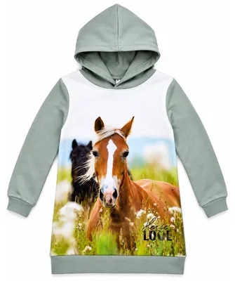 Produktbild von BONDI Mädchen Kapuzenkleid Hoodiekleid "Horse Love" 36215 | Oliv Grün Größe: 116