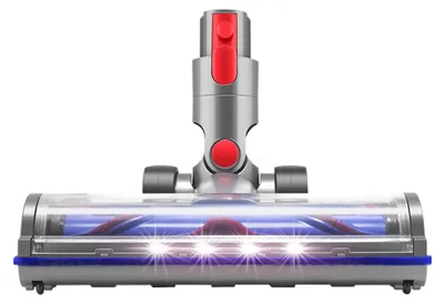 A close-up studio shot of a vacuum cleaner brush head with LED lights.