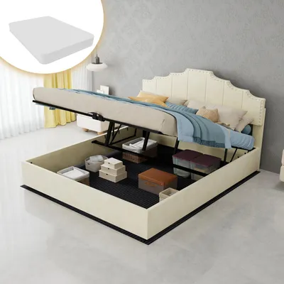 Imagen del producto de Cama tapizada Zerbaco, tamaño doble, 160x200 cm, con cajón de almacenamiento hidráulico y somier, color beige