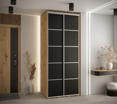Produktbild von Kleiderschrank YVONA 4 - 120/60 cm, Eiche handwerklich / schwarz / silber