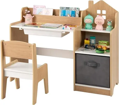 Image de Bureau pour enfants avec chaise, bureau enfant avec 2 étagères ouvertes et 2 tiroirs, bureau pour enfants à partir de 3 ans (nature)