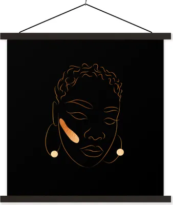 Produktbild von MuchoWow® Textilposter Frau - Schwarz und Gold - Strichzeichnung 60x60 cm mit schwarzem Rahmen - Posteraufhänger