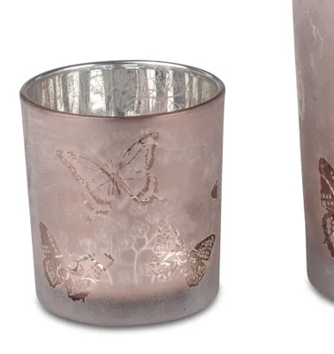 Produktbild von Teelichthalter, Windlicht Schmetterlinge H. 8cm rosa silber aus Glas Formano F25