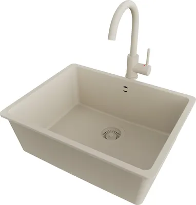 Produktbild von PRIMAGRAN Unterbauspüle Granit Beige 56x44cm, Spülbecken 1 Becken + Küchenarmatur 32x20cm + Ablauf-Set, Granitspüle ab 60er Unterschrank - Venedig Easy