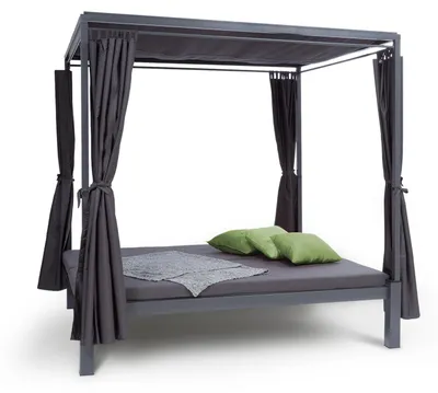 Produktbild von blumfeldt Senator Lounge - Doppel-Gartenliege mit Sonnendach, Lounge-Pavillon, 188 x 208 x 205 cm, komfortable Polsterung, Sichtschutz-Vorhänge, wasserfest, Stahlrahmen, max. 350 kg, grau
