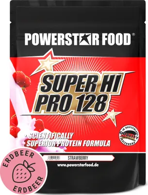 Produktbild von Powerstar SUPER HI PRO 128 | Mehrkomponenten Protein-Pulver 1kg | Höchste Biologische Wertigkeit | Protein-Shake zum Muskelaufbau | Strawberry