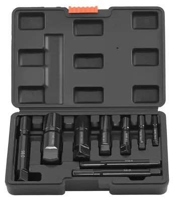 Produktbild von Rohr-Ausziehset, 9-teilig. Robuste Stahl-Ausziehersätze für beschädigte Rohre, mit stabiler Aufbewahrungsbox. Aus Chrom-Molybdän-Stahl zum Entfernen von beschädigten, gewindeten Rohren und Fittings mit einem Durchmesser von 1/8" bis 1", geeignet für Installateure, Mechaniker und Heimwerker