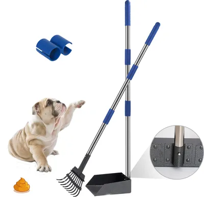 Produktbild von Hundekotschaufel und Harke Set, mit Verstallber Länge Griff Dog Pooper Scooper hundekotsammler, Kotschaufel aus Metall für Große Mittelgroße Kleine Hunde, Rasen Gras Schmutz Kies