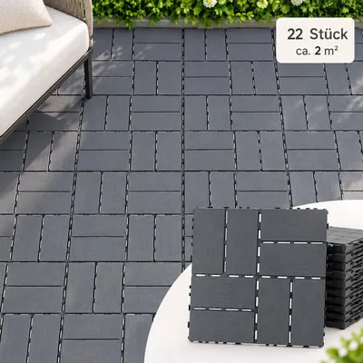 Produktbild von 22 Stück PP-Terrassenfliesen 30x30x2 cm, 2 m², Klickfliesen mit Flechtmuster, Drainage, rutschhemmend & wetterfest, für Balkon & Terrasse, Grau