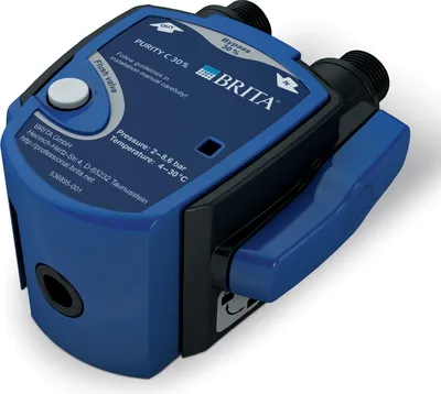 A blue and black water filter head with text and branding.