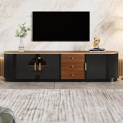 Produktbild von okwish TV-Lowboard mit Schubladen und Braunes Glas,abgerundetes Design,TV-Schrank mit Metalltürgriff, Für Wohnzimmer,Schwarz