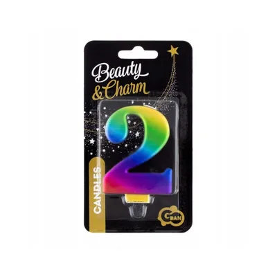 Zdjęcie produktu dla Świeczka tortowa cyfra 2 metaliczna, tęcza 8 cm