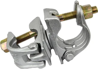 A close-up studio shot of a metal scaffolding clamp.
