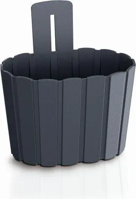 A dark gray, fluted planter pot with a hanging attachment is shown against a white background.