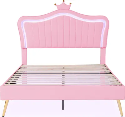 Obrázek produktu pro okwish Dětská čalouněná postel 140x200 cm, dětský rám postele, růžová korunka, jednolůžkový rám, vysoce kvalitníPolyuretankůže s LED osvětlením, lamelový rošt a opěrka, růžová (bez matrace)
