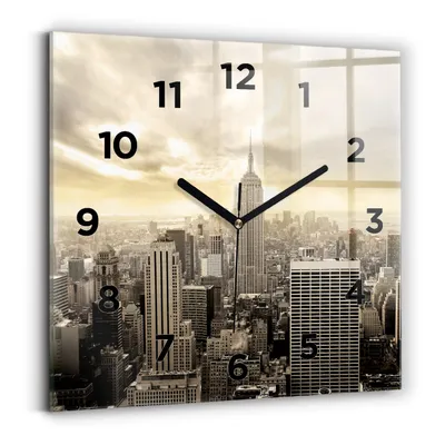 Produktbild von Wallfluent Wanduhr – Stilles Quarzuhrwerk - Uhr Dekoration Wohnzimmer Schlafzimmer Küche - Zifferblatt - schwarze Zeiger - 30x30 cm - Wolkenkratzer in New York