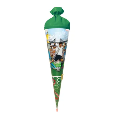 Produktbild von ROTH Schultüte groß Soccer Fußballer 70 cm 3D mit Netz rund Filzverschluss Rot(h)-Spitze Zuckertüte Schulanfang