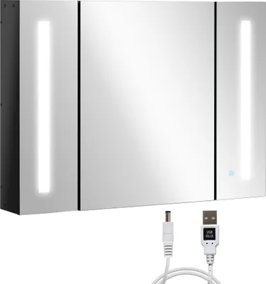 Produktbild von kleankin Wandmontierter Badezimmer-Spiegelschrank aus MDF mit 3 Schränken, 3 Ablagen und LED-Licht, 90 x 15 x 65 cm, Schwarz