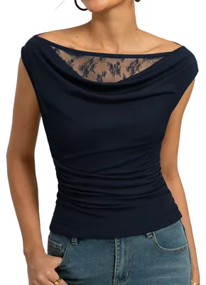 Produktbild von Kate Kasin Damen Bluse Y2K Sommer Spitzen Oberteil Drapiert Wasserfallausschnitt