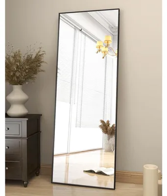 Image de Miroir de corps entier, cadre en aluminium noir, dimensions 163x53 cm. Peut être posé sur un meuble ou fixé au mur