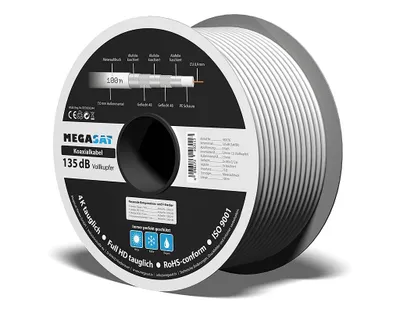 A spool of white coaxial cable is shown against a white background.