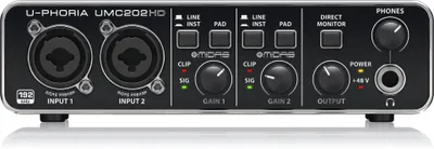 Zdjęcie produktu dla Behringer UMC202HD, Komputer stacjonarny, Czarny, Metal, USB, -4 dBu, 24-bit/192kHz